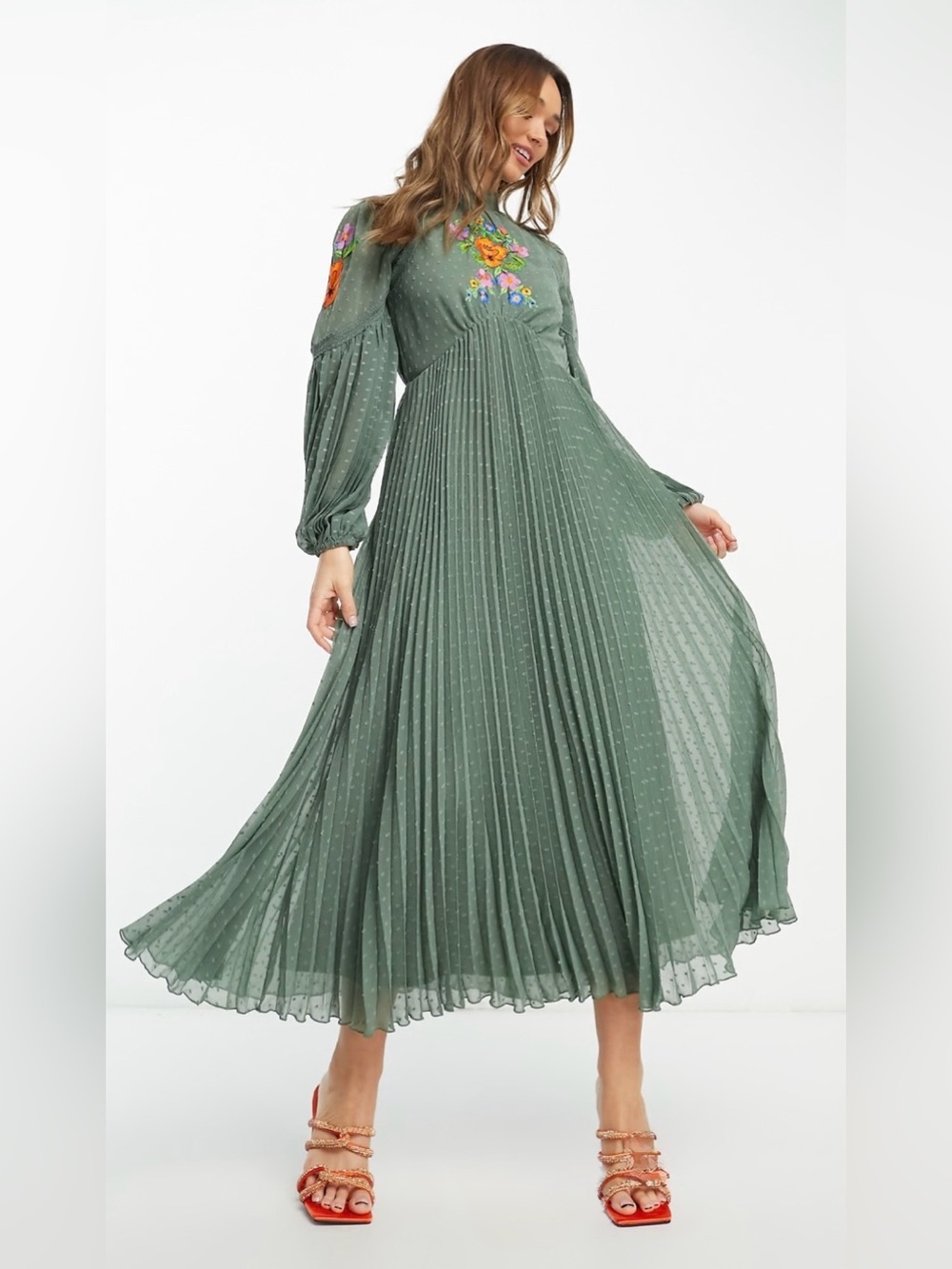 ASOS Embroidered Pleated Maxi Dress Sage Green Floral Long Sleeve Boho US 12